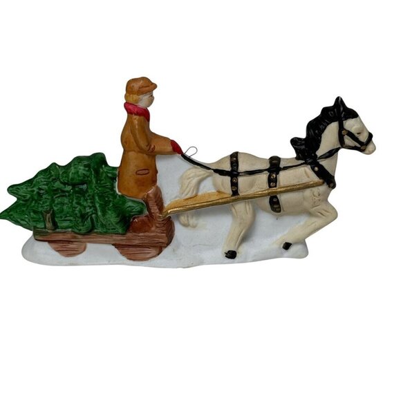 Christmas Village Figurine Miniature Horse and Sleight with Tree Holiday Deco - Picture 1 of 8